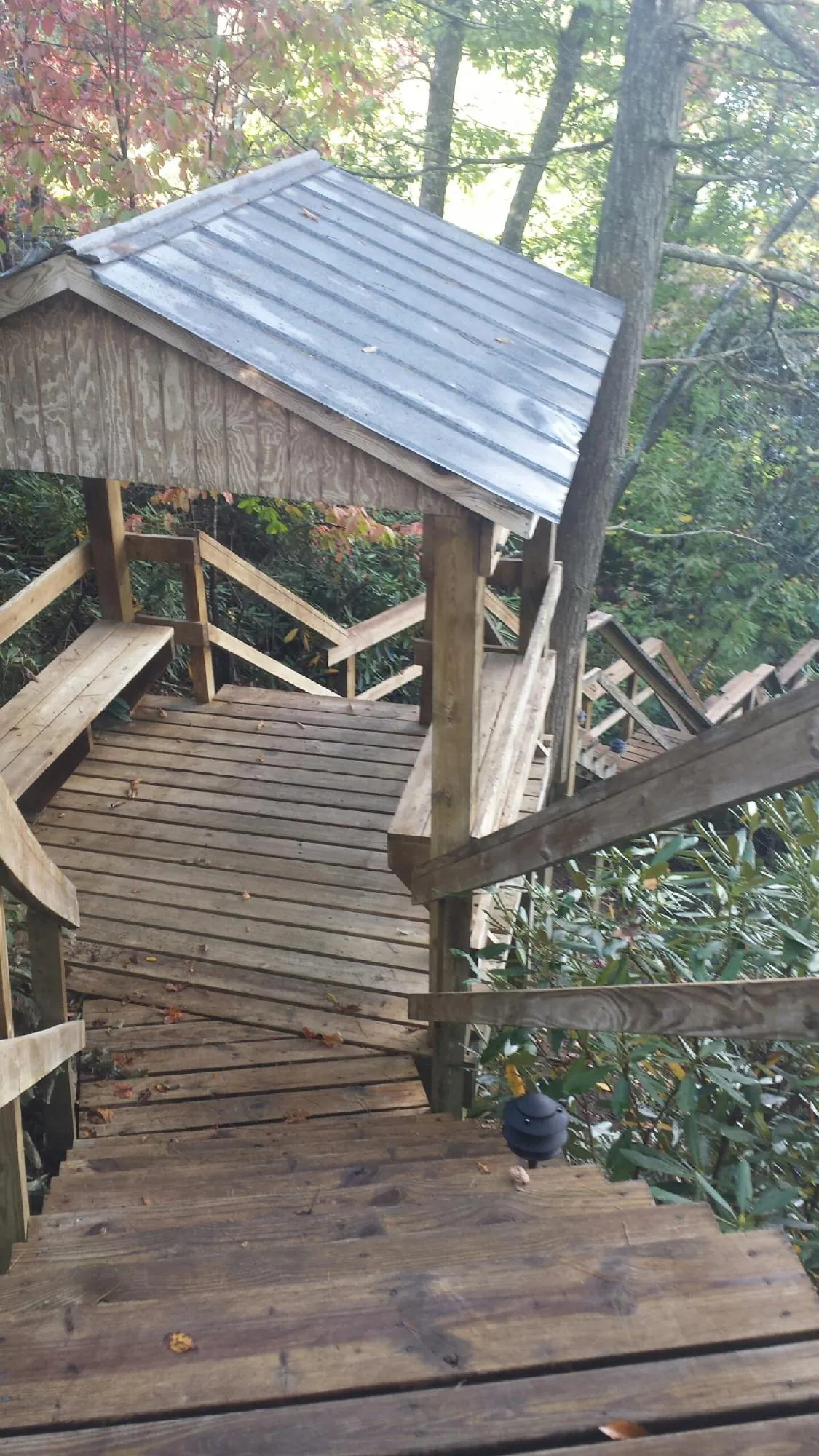 Metal roofed shelter over wooden steps on a wooded walkway in Fenwick Island